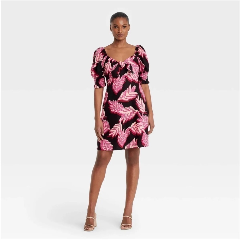NWT WHO WHAT WEAR Serengeti Palm Puffy Sleeve Dress